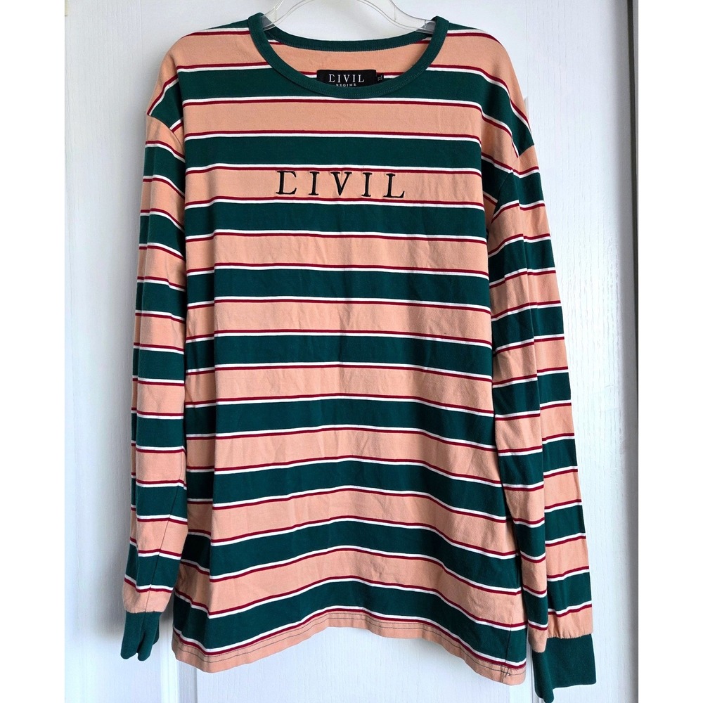 Civil Regime Long Sleeve Striped T-Shirt Green Peach Red Embroidered Logo Sz XL